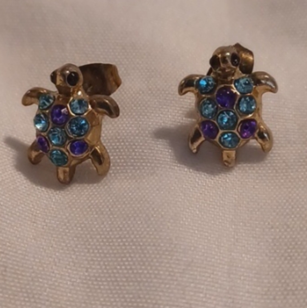 4/$30 Metallic Turtles with Blue & Purple Rhinestone Earrings